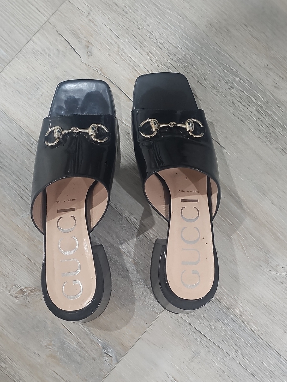 Gucci Black Patent Leather Horsebit Slide Mules with Gold Hardware